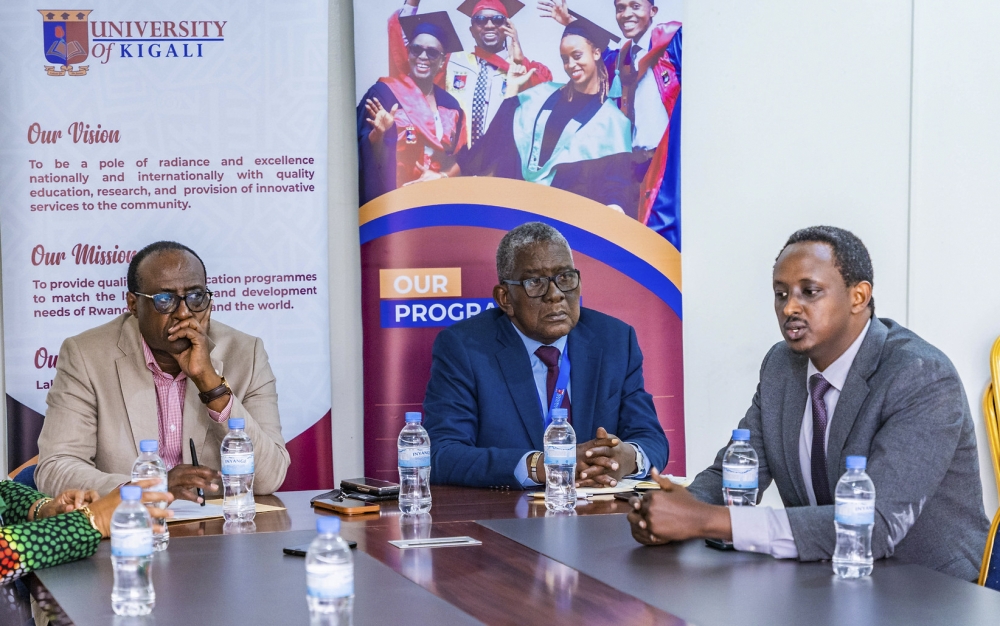 The University of Kigali's Prof Manasseh Nshuti, Chairman of the Board of Promoters, Prof Felix Maringe, the Acting Vice-Chancellor and Dr Wilson Musoni, Dean of the School of Computing and IT.