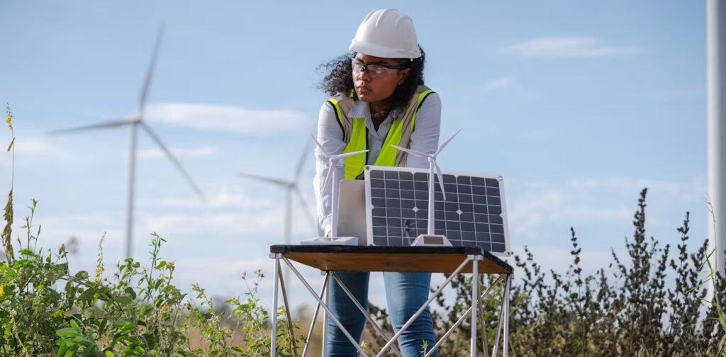 Woman in safety apparel standing behind a solar panel and model wind mills.