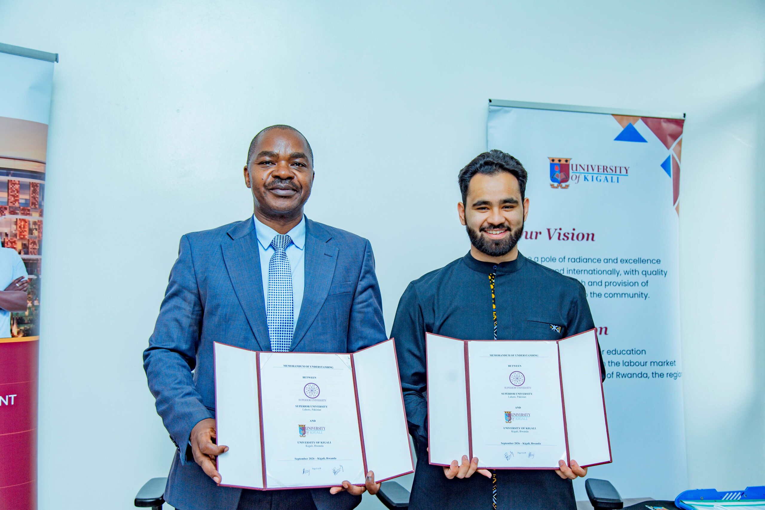 UoK VC Prof, George Kimathi and Superior University Vice President Mr. Chaudhry Hamza Rehman after signing the MOU at Remera Campus. Photo/Didier Uok